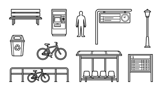 City public transport and urban infrastructure line icons collection