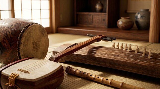 Elegant Close Up Of Traditional Japanese Musical Instruments