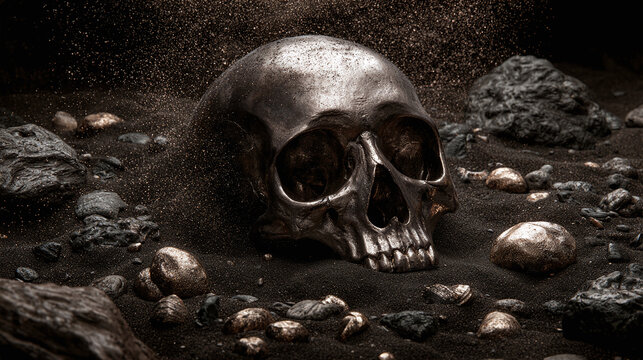 A metallic skull rests on dark sand surrounded by scattered pebbles, with sand particles mid-air creating a dramatic, eerie atmosphere.