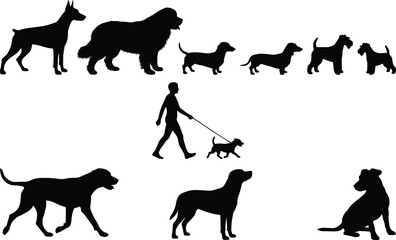Fototapeta premium Collection of Dog Silhouettes with Different Breeds Walking Standing Sitting and Pet Owner Vector Style Illustration