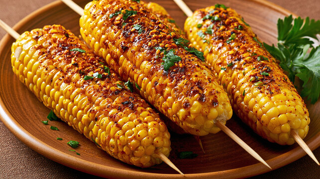 Four grilled corn cobs on sticks, garnished with seasoning and herbs, served on a brown plate against a brown background.