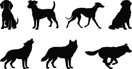 Fototapeta premium Dog and Wolf Silhouette Collection Vector Illustration Isolated on Gray Background for Wildlife and Pet Design
