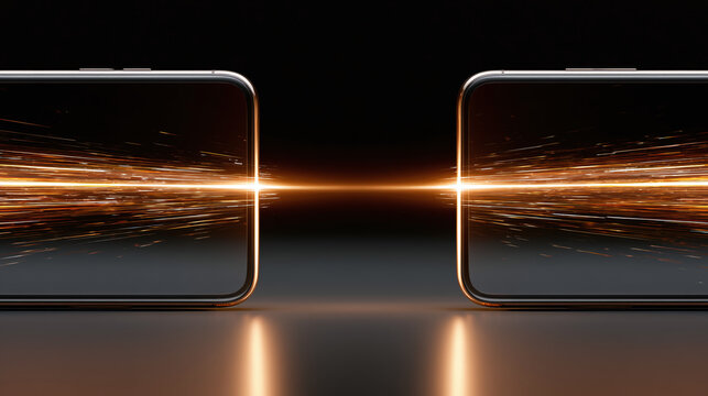 Two smartphones facing each other with golden light beams connecting their screens, symbolizing fast digital data transfer or communication.