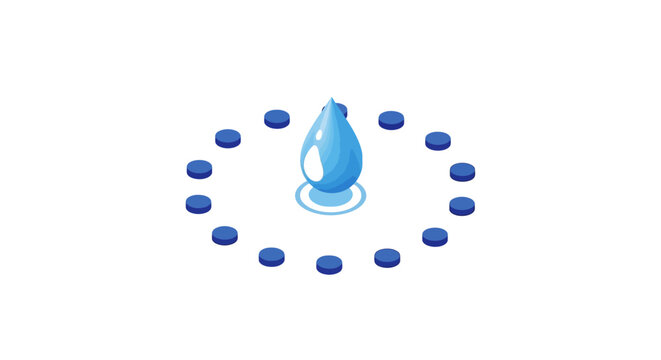 Blue water droplet surrounded by smaller droplets.