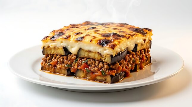 Moussaka, a layered Greek eggplant casserole with minced meat and b&eacute;chamel sauce, served on a white plate