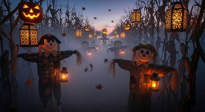 Scarecrows with glowing lanterns and jack-o'-lanterns in a spooky Halloween cornfield at dusk.