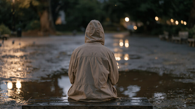 Middle-aged man sits alone on rain-soaked park bench in Pacific Northwest city, hood pulled forward, staring into shallow puddle reflecting streetlights, capturing male solitude, emotional suppressi