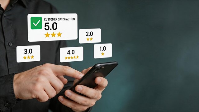 Customer satisfaction rating stars review feedback on mobile app interface, user experience score, service quality evaluation, five star recommendation, positive client opinion,