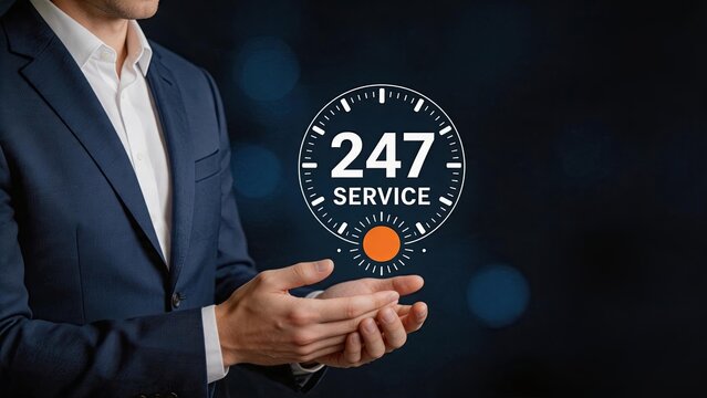 Businessman presenting twenty four seven service clock icon, support availability concept, continuous operation helpdesk, round the clock assistance, customer care hotline,
