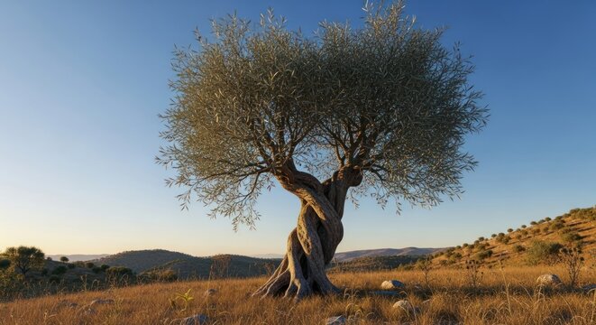 Ancient olive tree with twisted trunk in a golden Mediterranean landscape at sunset.