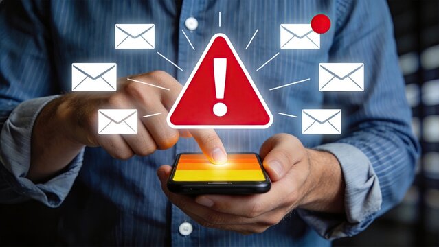 Man holding smartphone with warning sign and email icons, urgent message notification or spam alert concept on mobile device screen