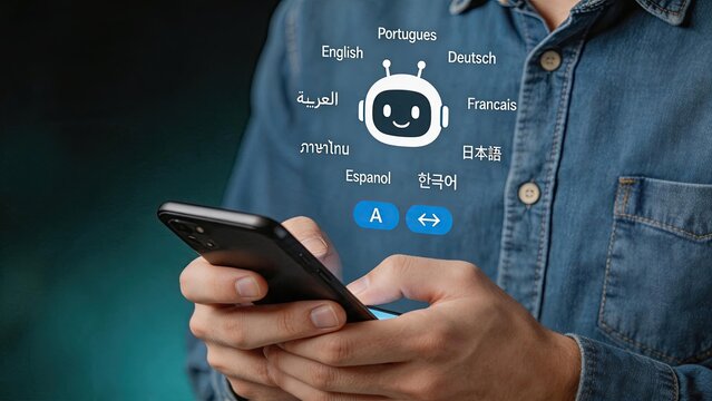 Smartphone displaying AI translation app interface with robot icon, multi-language support for global communication and technology concept.