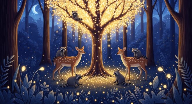 Magical night forest scene with deer and raccoons under a glowing tree