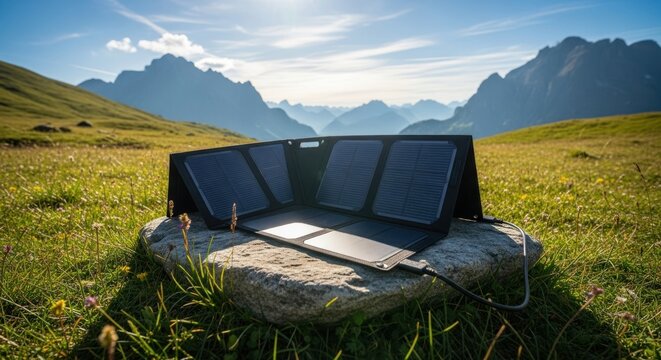 Portable solar panel charging in a beautiful mountain landscape on a sunny day.