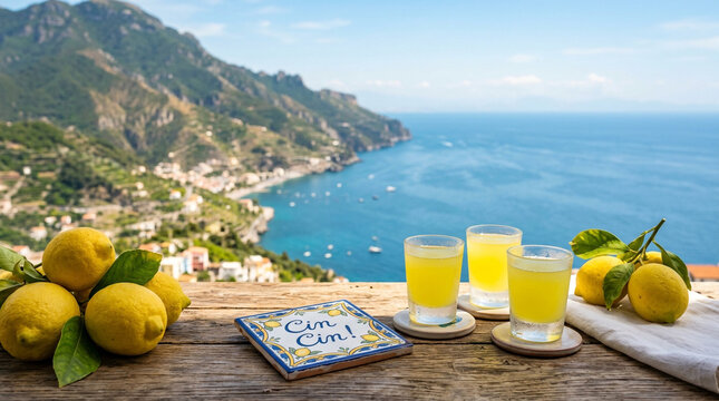 Three glasses of bright yellow limoncello liqueur served on a rustic wooden table featuring fresh lemons and a decorative tile with Italian text overlooking the beautiful blue mediterranean sea coastl