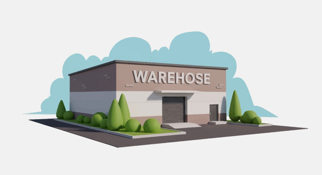A cartoon warehouse building with landscaping.