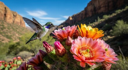 Fototapeta premium Hummingbird hovering over colorful desert cactus flowers