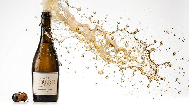 Sparkling wine bottle exploding with dynamic liquid motion captured in a high speed studio photograph showing golden bubbles and refreshing spray as the cork sits nearby on the clean surface