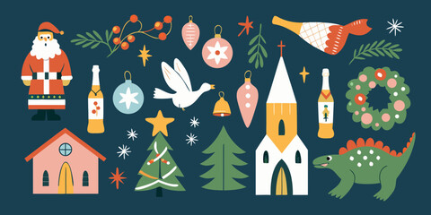 Naklejka premium holiday illustrations collection with santa claus and christmas ornaments