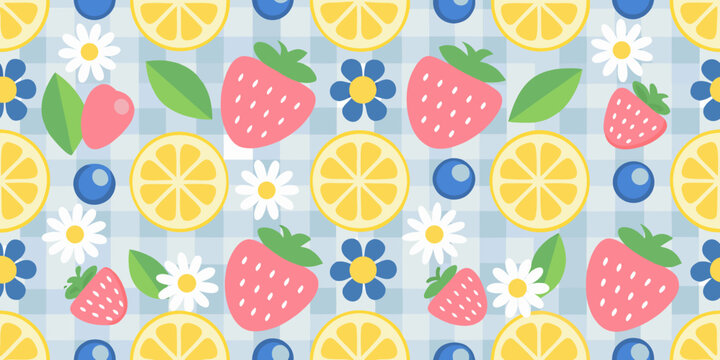 fruit pattern with strawberries lemons blueberries and flowers