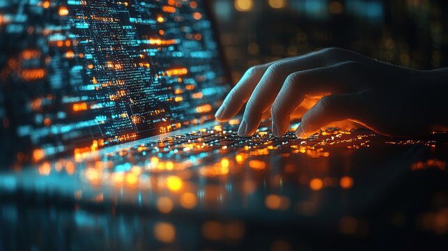 Person coding on laptop at night city view.  Possible use Stock photo