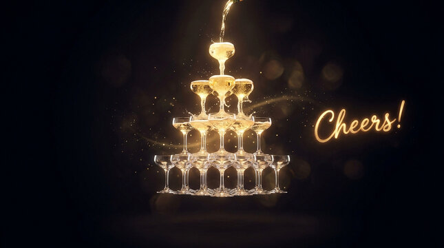 Golden champagne tower being filled with sparkling liquid creating a festive atmosphere for a celebration in this high quality photograph that captures the elegance of a luxury event toast tonight.