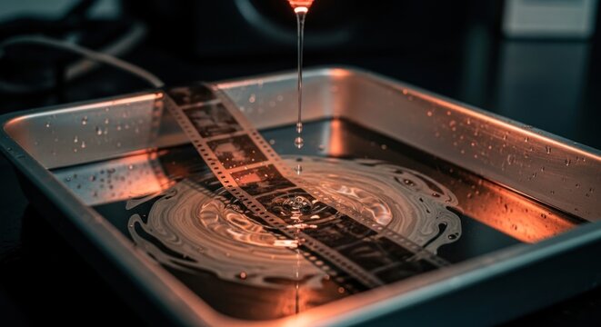 Film developing process in a darkroom with water drops.