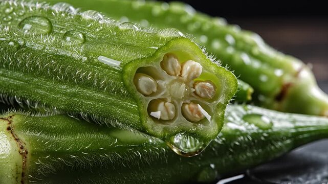 Fresh Okra Pods Being Washed with Water Droplets Close Up.