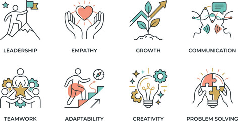 Business soft skills and emotional intelligence vector icons set for leadership empathy growth communication teamwork adaptability creativity and problem solving © Postnest