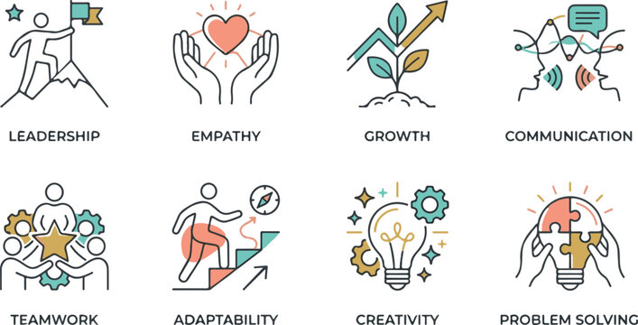 Business soft skills and emotional intelligence vector icons set for leadership empathy growth communication teamwork adaptability creativity and problem solving