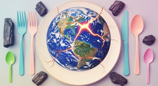 Cracked planet Earth on a plate with charcoal and cutlery, symbolizing global crisis.