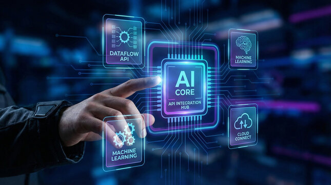 AI core chip with API integration hub and machine learning labels for cloud computing automation and system architecture