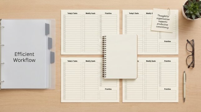 Flat lay of planners and notebooks for task management