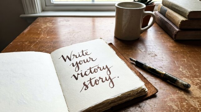 Open notebook with 'Write your victory story' message and pen