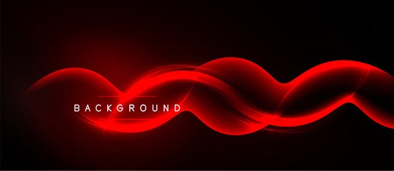 Fototapeta premium Dark background features vibrant red wavy lines. Text reads BACKGROUND centered within flowing shapes. Modern design, dynamic energy.
