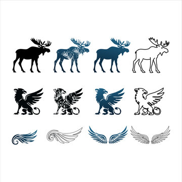Animal and mythical creature vector silhouette set. Moose, elk, griffin, gryphon, and heraldic wings heraldry design elements.