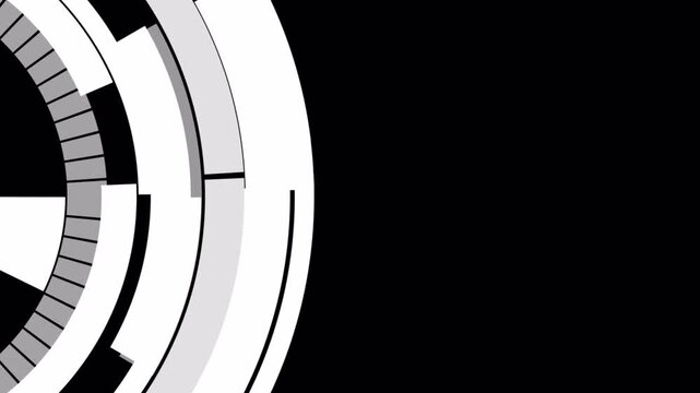 Abstract tech gear motion graphic design with rotating white segmented rings, HUD interface overlay element on alpha channel
