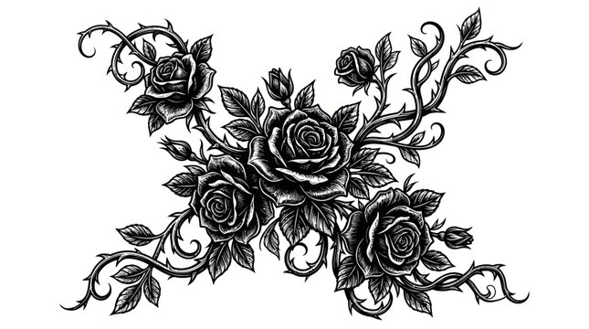 Dramatic Black Roses with Thorns and Ornate Swirls, Gothic Floral Design Element on Isolated White Background