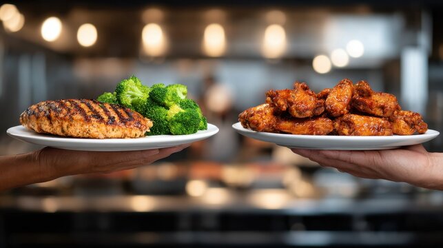 Two hands holding plates of food chicken breast with broccoli and buffalo chicken wings