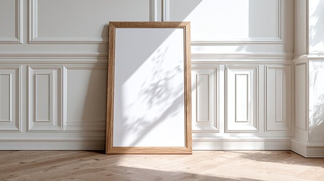 Vertical blank wooden picture frame mockup leaning on wall, european wainscoting interior space with sunlight foliage shadow, home decor poster frame template