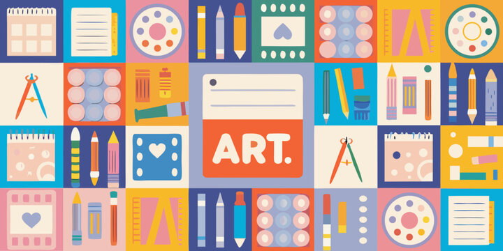 art supplies pattern colorful grid of stationery and drawing tools