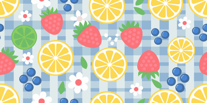 fruit pattern with strawberries oranges and blueberries on gingham
