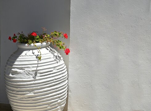 Antique handmade white clay urn with red geraniums against a whitewashed wall in Kapsali, Kythira island Attica Greece.