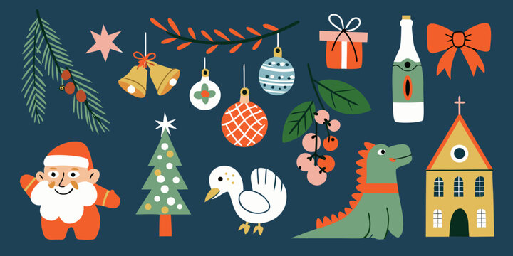 holiday illustrations collection with santa claus christmas tree and ornaments