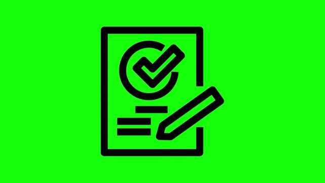 Animated submit button and document checkmark icon on a green screen for digital user interface.