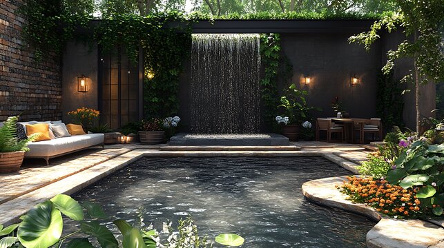 Tranquil outdoor pool area with waterfall and lush landscaping