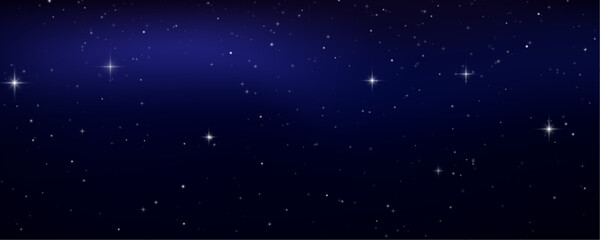 Realistic vector galaxy with glowing nebula in the starry night sky. Bright star light covers space and cosmos. Blue background with shiny stars and dark universe design. © ikril