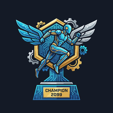 Futuristic robot champion trophy with wings, gears, and circuit board patterns, inscribed with 'CHAMPION 2099' on a dark background.