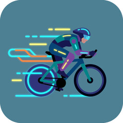 Fototapeta premium A stylized illustration of a futuristic cyclist in a glowing suit on a bicycle, depicted with neon light trails indicating speed and advanced technology.