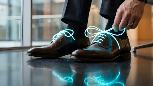 Macro realistic photo of a hand tying business shoelaces made of glowing fiber optic digital light threads.